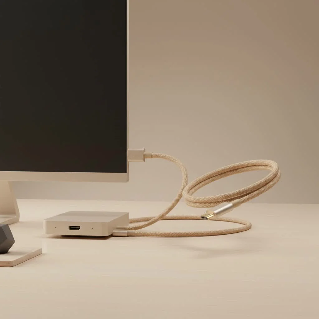 HDMI cable connecting a laptop to a large external monitor