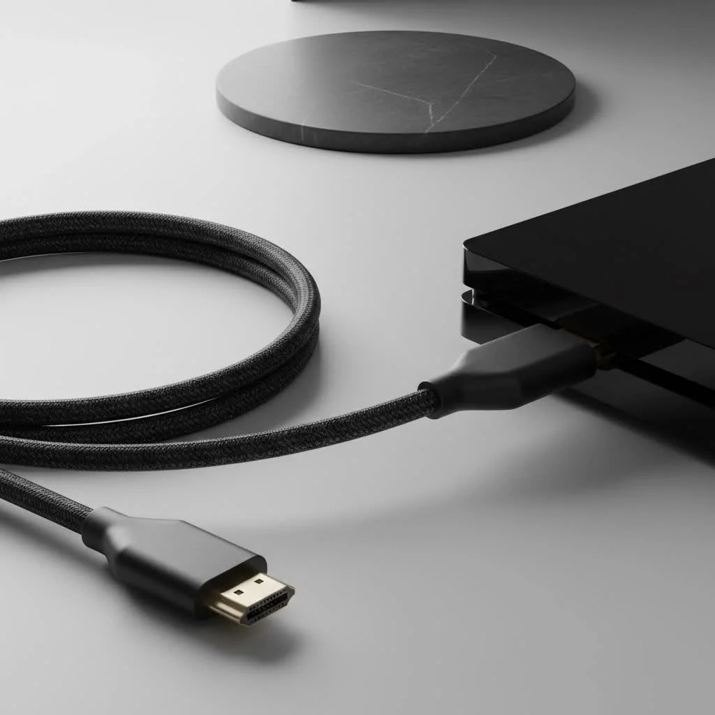 HDMI to DVI cable connecting a laptop to a monitor