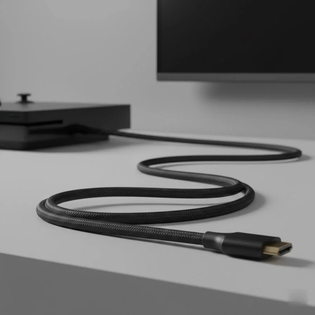 A long 50-foot HDMI cable coiled on a wooden surface