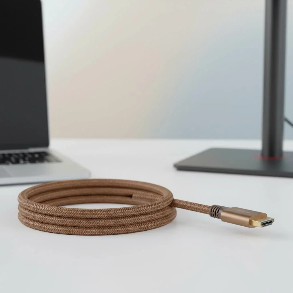 A long HDMI cable coiled on a wooden surface.