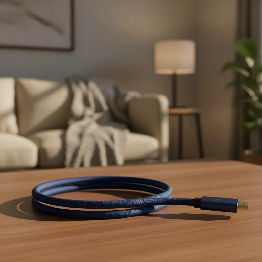 A 20 ft HDMI cable coiled on a wooden surface