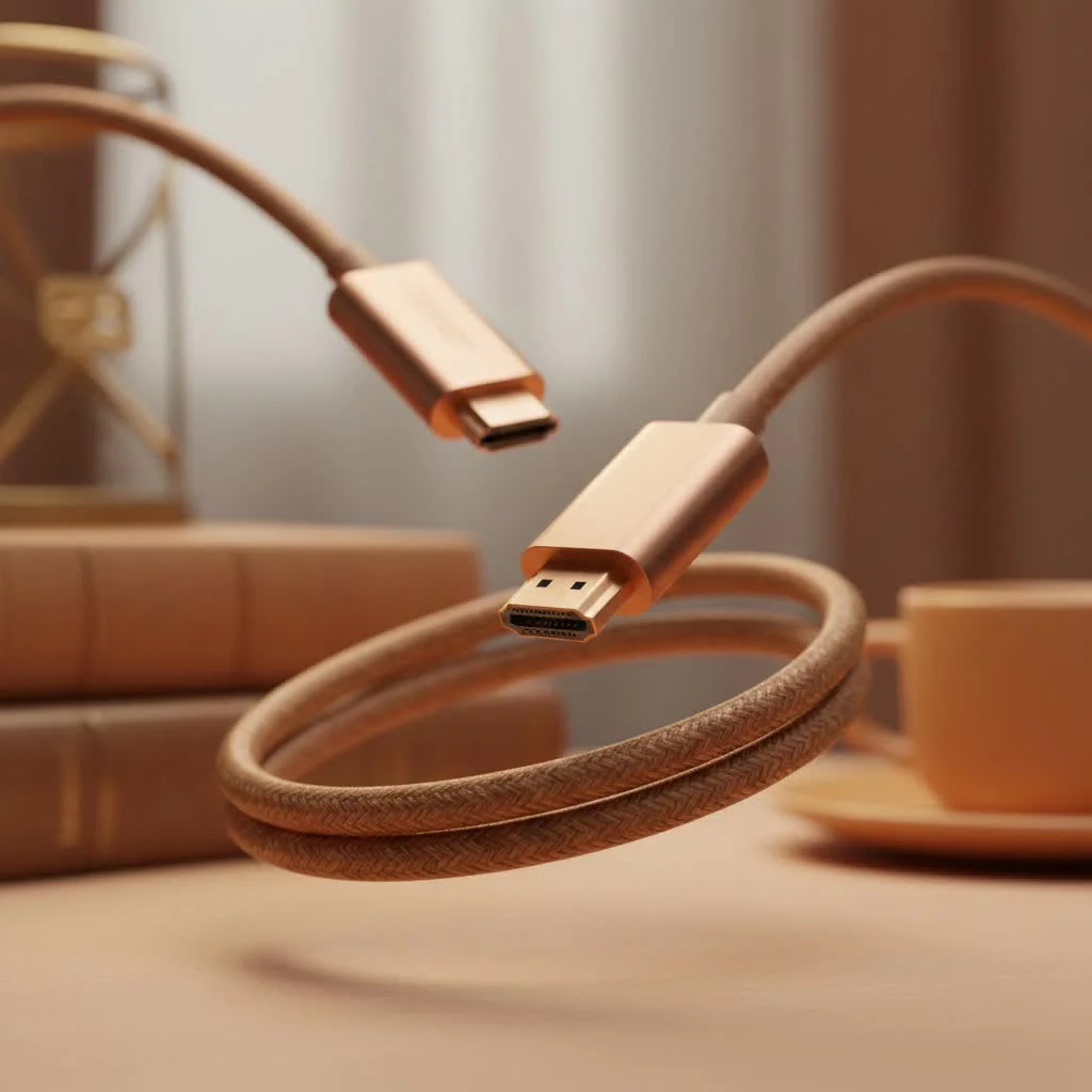 A 50-foot HDMI cable coiled on a wooden surface